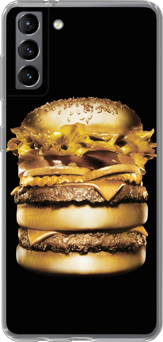 Telefoonhoesje Geschikt voor Samsung Galaxy S21 Plus hoesje - Gouden hamburger op een zwarte achtergrond. - Siliconen Telefoonhoesje Telefoonhoesje