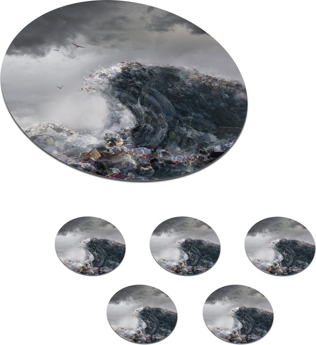 Onderzetters voor glazen - Rond - Zee - Golf - Afval - 10x10 cm - Glasonderzetters - 6 stuks