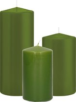 Trend Candles - Stompkaarsen set 3x stuks olijfgroen 12-15-20 cm