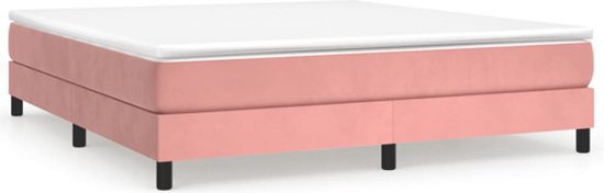 Roze bed met een matras, staand op zwarte poten.