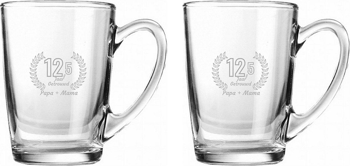 Gegraveerde set Theeglazen 32cl Papa + Mama 12,5 jaar getrouwd