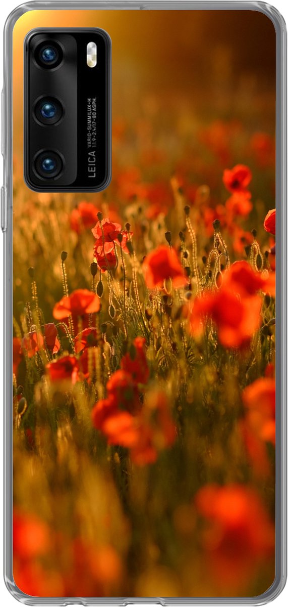 Telefoonhoesje Geschikt voor Huawei P40 hoesje - Oranje gloed over de Klaprozen in het veld - Siliconen Telefoonhoesje Telefoonhoesje