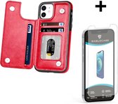 ShieldCase Wallet case geschikt voor Apple iPhone 12 / 12 Pro - 6.1 inch - rood + glazen Screen Protector