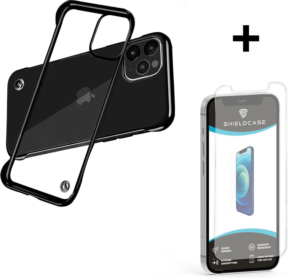 ShieldCase geschikt voor Apple iPhone 12 / 12 Pro - 6.1 inch slim case met bumpers - zwart + glazen Screen Protector
