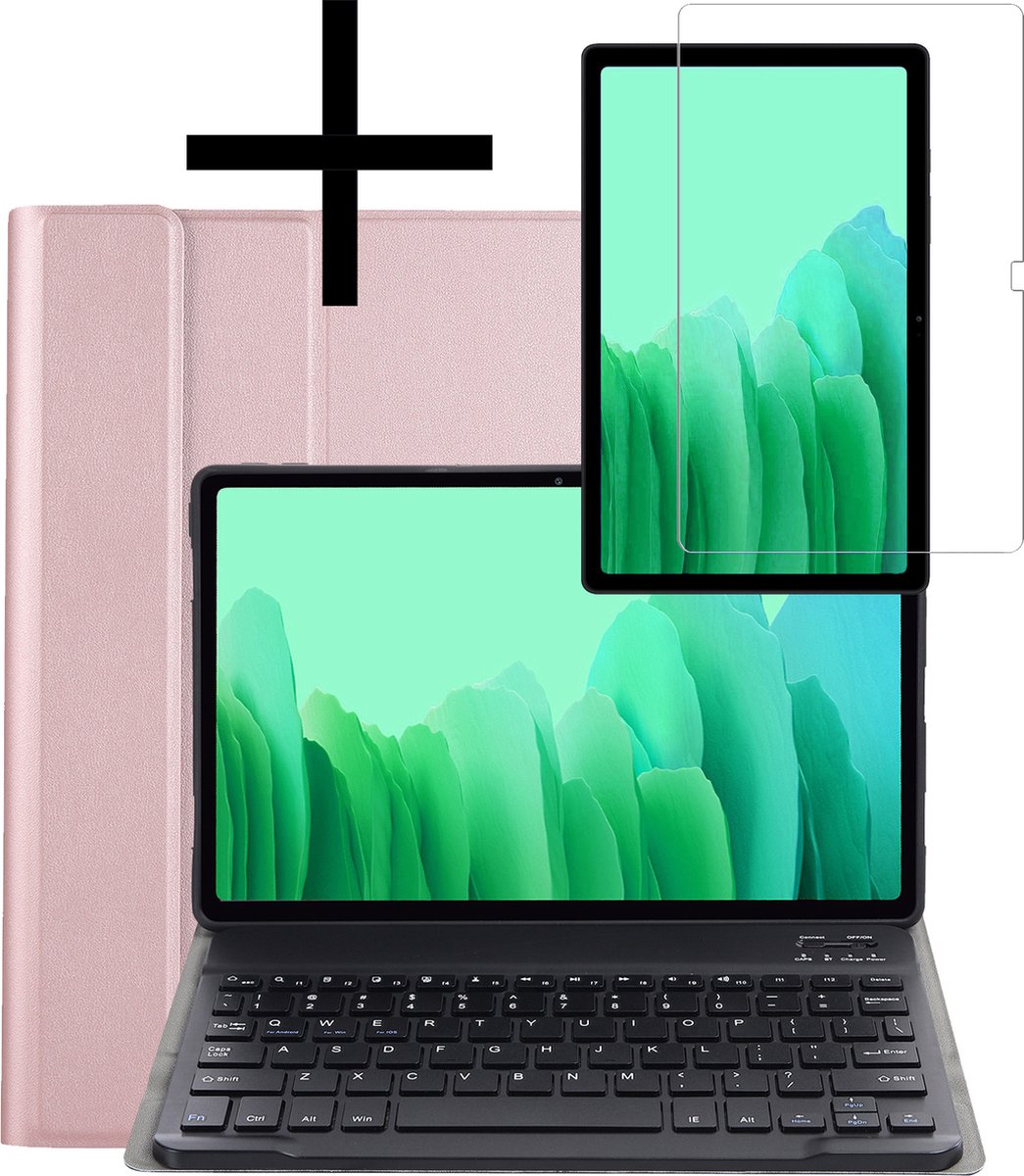 Hoesje Geschikt voor Samsung Galaxy Tab A7 Hoesje Toetsenbord Hoes Met Screenprotector - Hoes Geschikt voor Samsung Tab A7 Keyboard Case Book Cover - Rosé goud