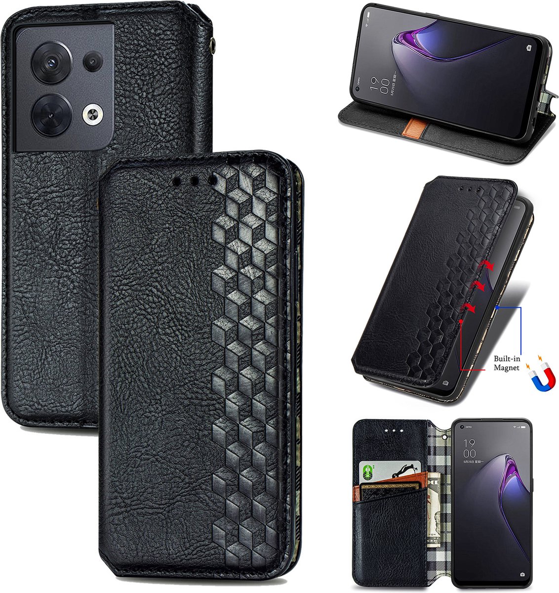 Luxe PU Lederen Ruitpatroon Wallet Case + Screenprotector voor OPPO Reno 8 5G _ Zwart