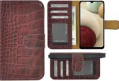 Geschikt voor Samsung Galaxy A12 hoesje - Wallet Case - A12 Hoesje Book Case Wallet Echt Leer Croco Bordeauxrood Cover