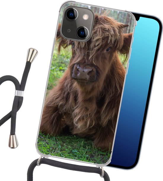 Coque avec cordon iPhone 13 Mini - Highlander écossais - Crapaud - Animaux - Siliconen - Bandoulière - Coque arrière avec cordon - Coque pour téléphone avec cordon - Coque avec corde