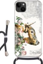Geschikt voorApple Iphone 14 Plus - Crossbody Case - Schotse hooglander - Verf - Bloemen - Siliconen - Crossbody - Backcover met Koord - Telefoonhoesje met koord - Hoesje met touw