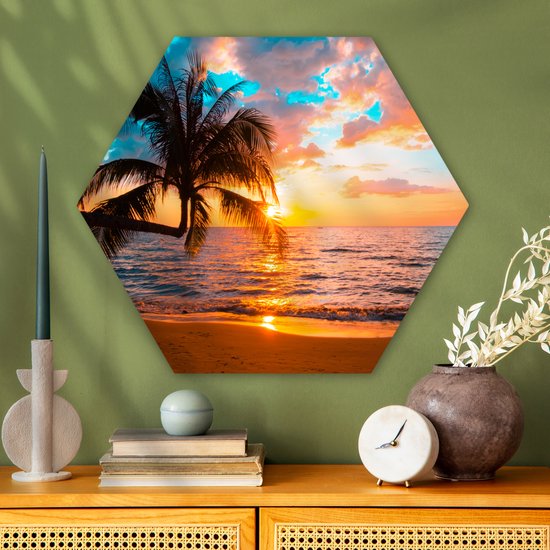 Décoration murale Hexagone - Décoration murale en plastique - Tableau Hexagone - Palmier - Coucher de soleil - Horizon - Plage - Mer - Tropical - 75x65 cm