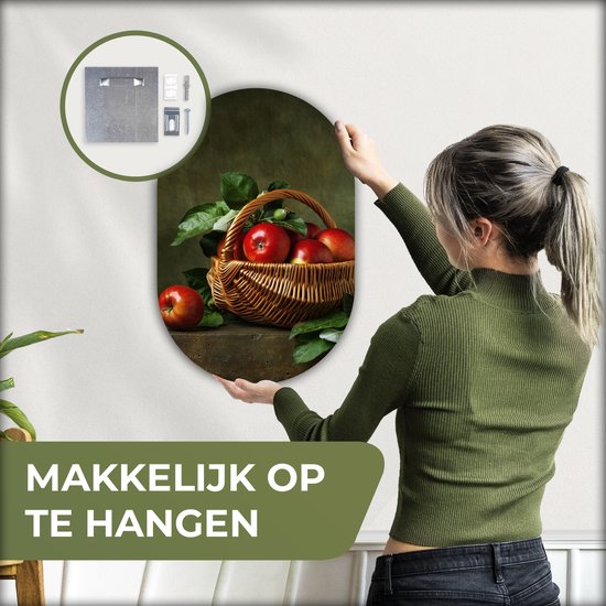 Ovale Mural - Ovale Mural - Décoration murale Plastique - Peinture Ovale - Rustique - Pomme - Fruit - Rouge - Panier - Nature Morte - 40x60 cm - Forme Miroir Ovale sur Plastique