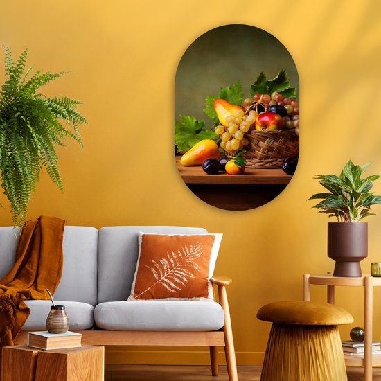 Ovale mural - Ovale mural - Décoration murale en plastique - Tableau ovale - Rustique - Corbeille - Fruits - Nature morte - 60x90 cm - Forme miroir ovale sur plastique