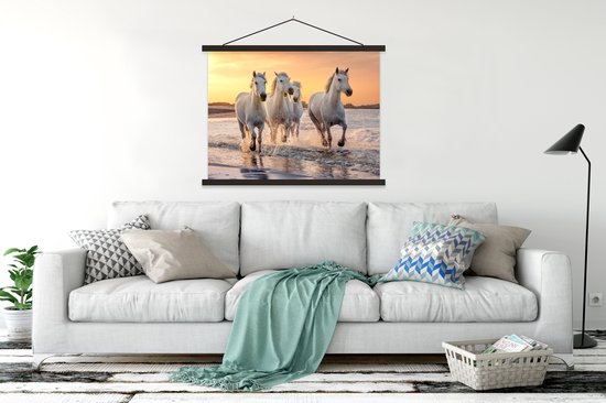 Porte-affiche avec affiche - Affiche scolaire - Paarden - Soleil - Mer - Plage - Animaux - 120x90 cm - Lattes noires