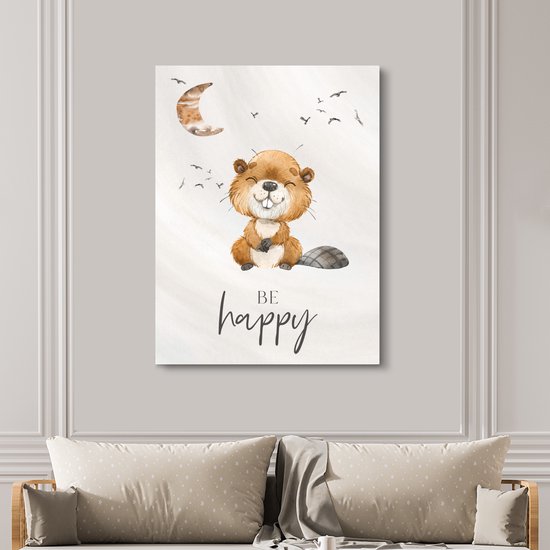 Canvas kids - Be happy - Jongen - Bever - Waterverf - Maan - Foto op canvas - Wanddecoratie kinderkamers - 120x160 cm - Kinderkamer decoratie - Foto op Canvas
