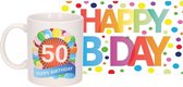 Verjaardag cadeau mok/beker 50 jaar print 300 ml + A5-size wenskaart Happy Birthday