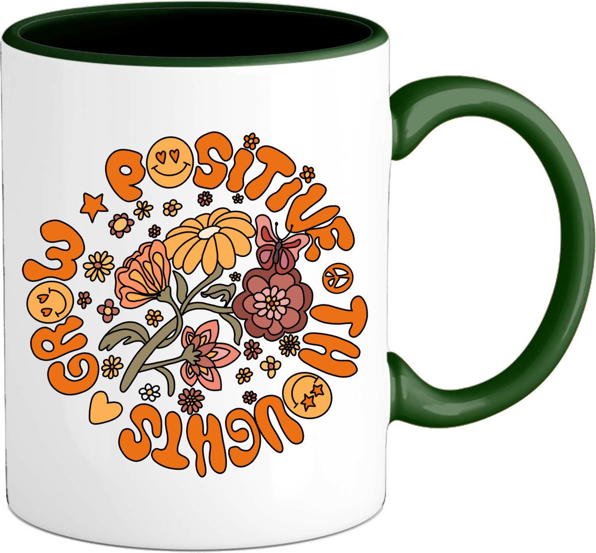 Flower Power - Grow Positive Thoughts - Vintage Aesthetic - Mok - Bottle Groen