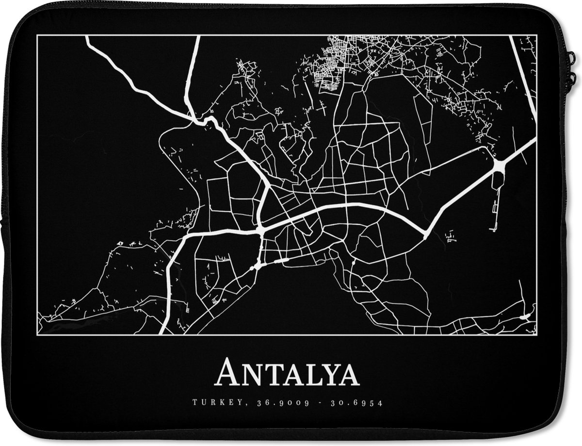 Laptophoes 17 inch - Plattegrond - Kaart - Antalya - Stadskaart - Laptop sleeve - Binnenmaat 41x28 cm - Zwarte achterkant - Stadskaart