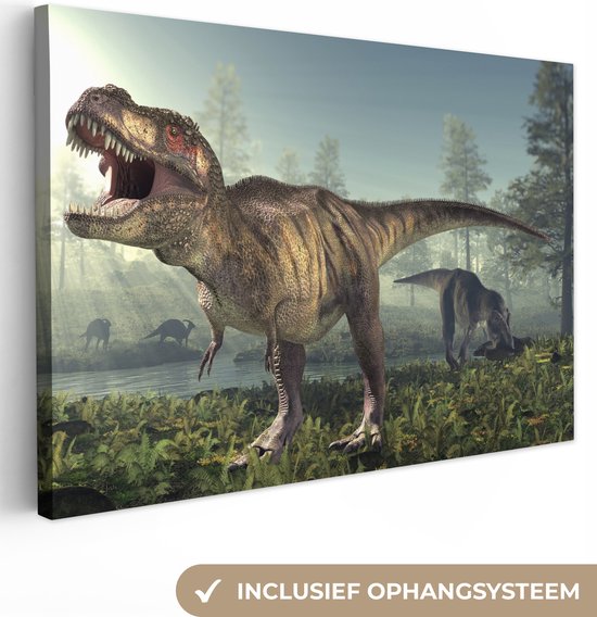 Canvas schilderij dino - Kinderkamer decoratie - Dinosaurus - Landschap - Natuur - Dieren - Canvas doek kinderen - Kids - Muurdecoratie - 90x60 cm