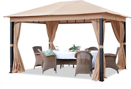 Tuinpaviljoen 3x4 m aluminium premium ca. 220 g/m² dakzeil waterdicht paviljoen 4 zijwanden taupe tuintent ca. 9x9 cm profiel