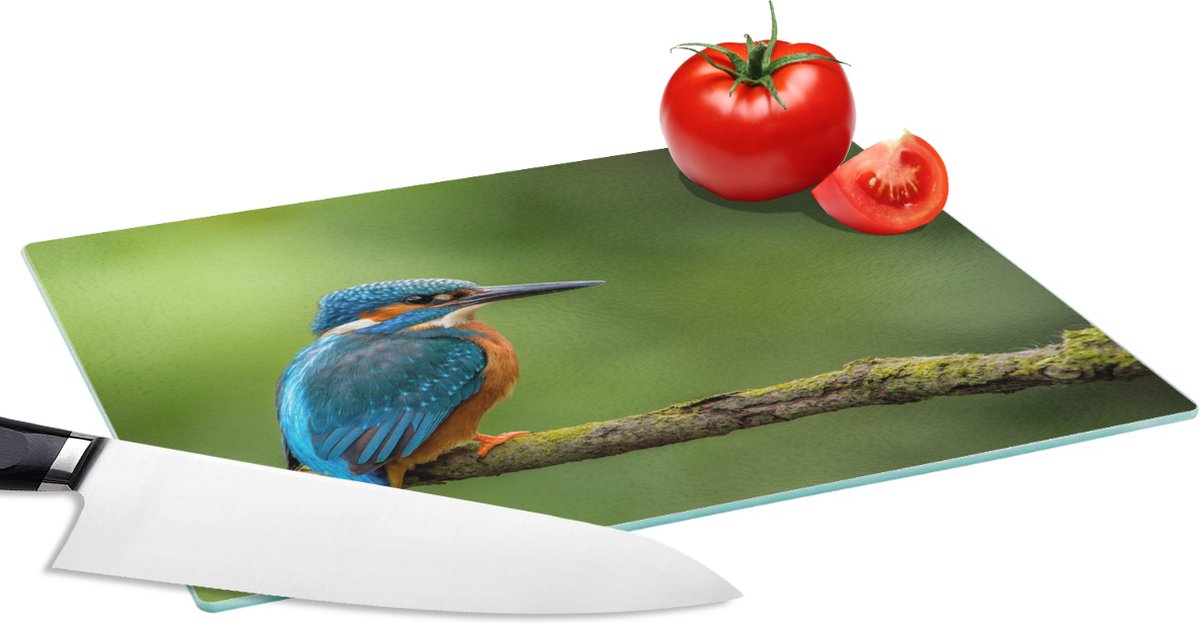 Glazen Snijplank - 28x20 - IJsvogel - Tak - Mos - Vogel - Groen - Snijplanken Glas
