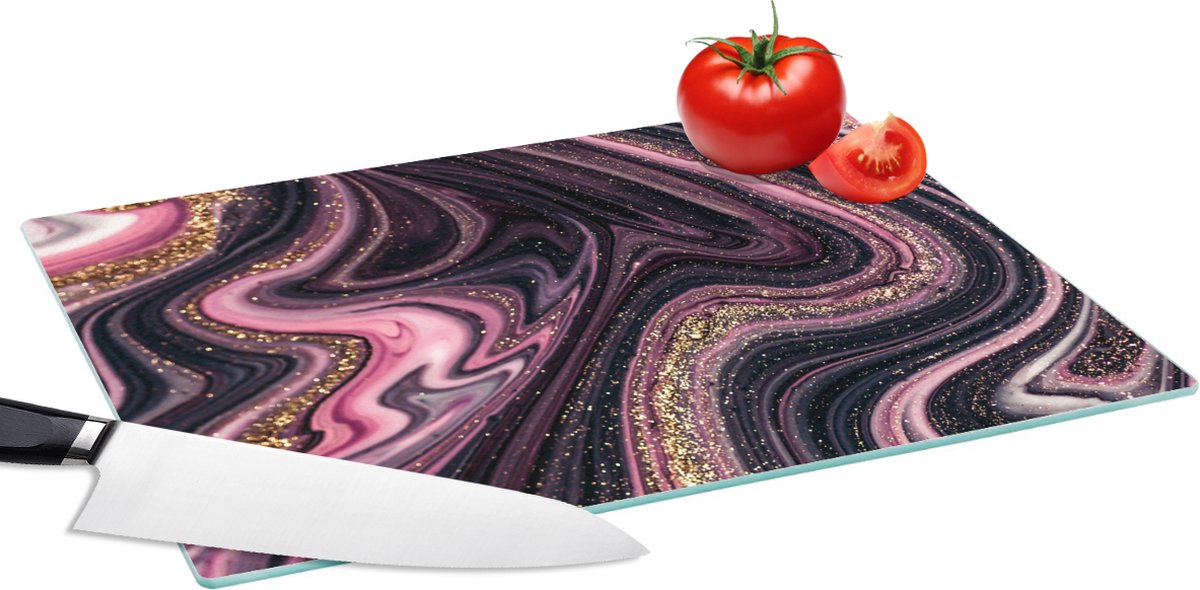 Glazen Snijplank - 39x28 - Marmerlook - Roze - Paars - Goud - Luxe - Marmer - Snijplanken Glas