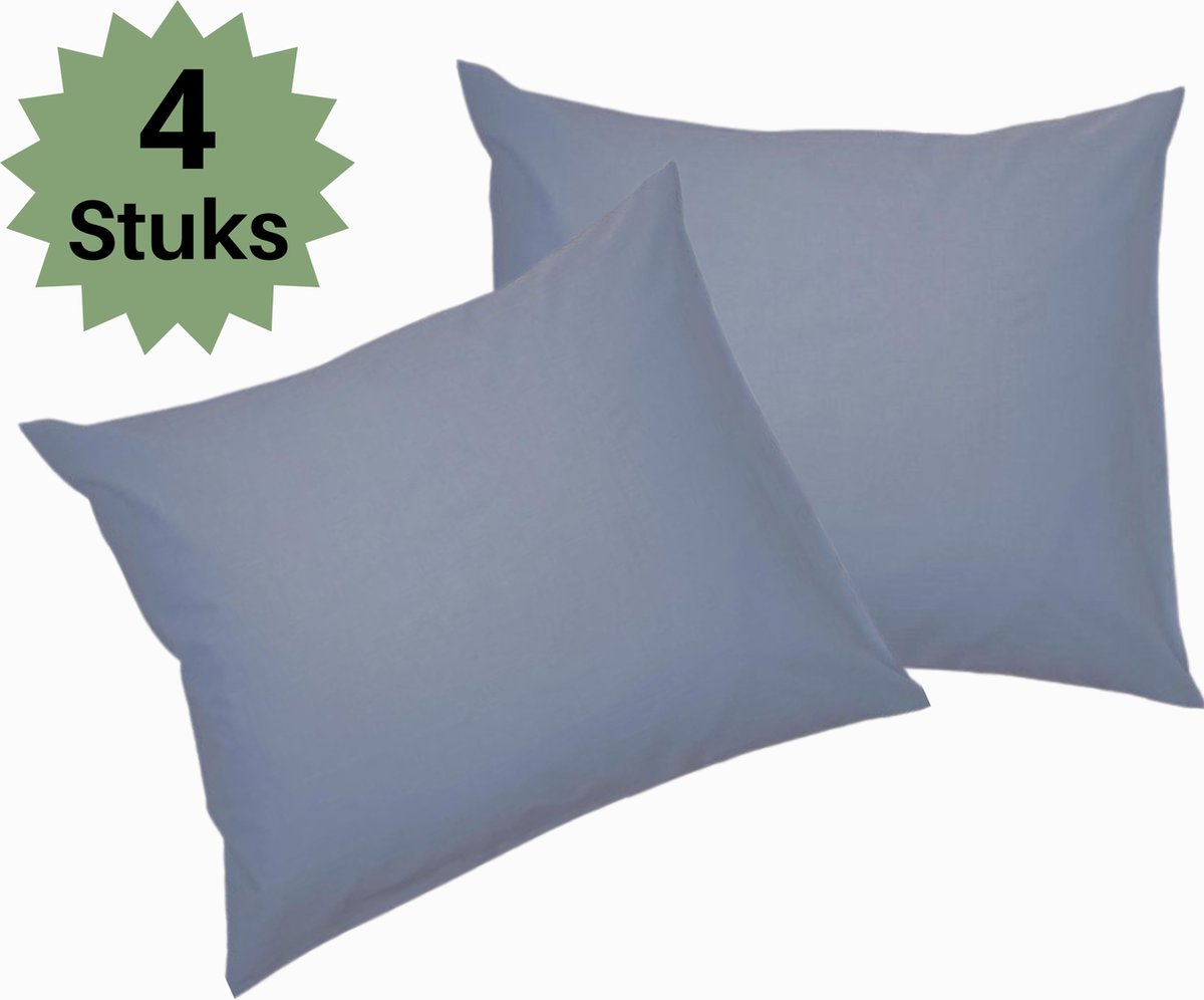 Droomtextiel Hotelkwaliteit Kussenslopen - Blauw - Set van 4 Stuks 60x70cm - 100% Hoogwaardige Katoen