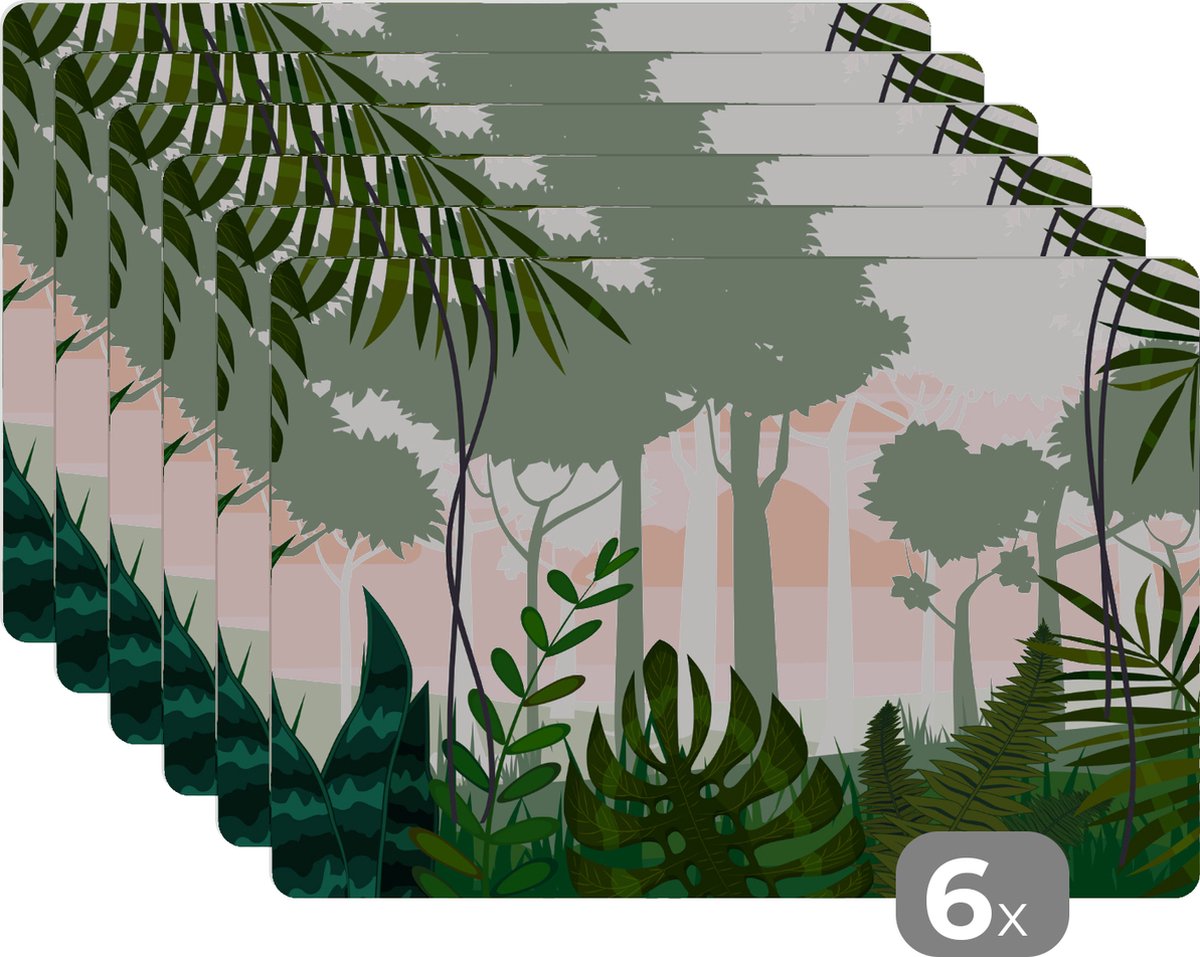 Placemat kinderen - Placemat - Placemats kunststof - Jungle - Planten - Tropisch - Jongen - Meisje - Kinderen - 45x30 cm - 6 stuks - Hittebestendig - Anti-Slip - Onderlegger - Afneembaar