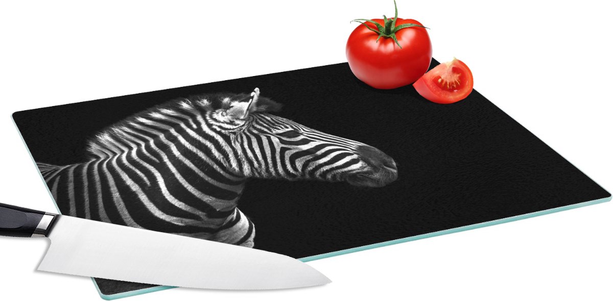 Glazen Snijplank - 39x28 - Zebra - Zwart - Wit - Portret - Dieren - Snijplanken Glas