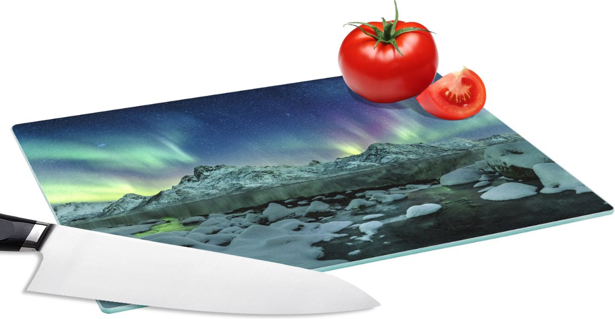 Glazen Snijplank - 28x20 - Zee - IJs - Noorderlicht - Winter - Natuur - Snijplanken Glas
