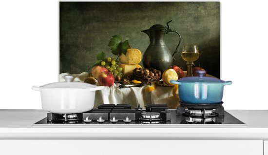 KitchenYeah© Spatscherm Keuken 80x55 cm Kookplaat Achterwand Beschermer Muur Spatwand Fornuis Aluminium Hittebestendig - Bloemen - Zwart - Wit
