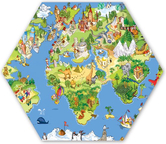 Hexagon wanddecoratie - Kunststof Wanddecoratie - Hexagon Schilderij - Wereldkaart - Kinderen - Natuur - Dieren - Blauw - Groen - 120x103 cm