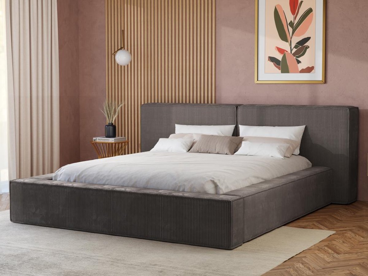 PASCAL MORABITO Bed met opbergruimte 160 x 200 cm - Ribfluweel - Taupegrijs - TIMANO - van Pascal Morabito L 226 cm x H 90 cm x D 252 cm