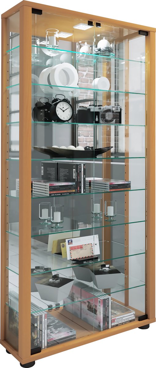 Vcm Houten vitrinekast Verzamelvitrine Staande vitrinekast Lumo Maxi spiegel Beuken