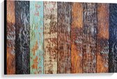 Canvas - Houten Planken op een Rijtje met Verschillende Kleuren - 90x60 cm Foto op Canvas Schilderij (Wanddecoratie op Canvas)