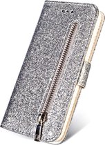 Glitter Bookcase Hoesje Geschikt voor: Samsung Galaxy A73 5G met rits - hoesje - portemonneehoesje - Zilver - ZT Accessoires