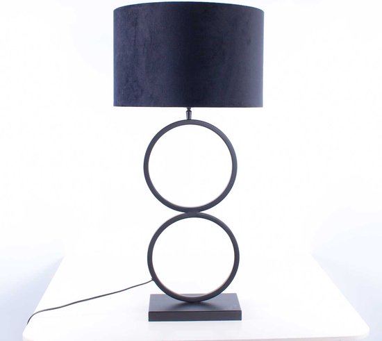 Lampe à poser noire 2 anneaux Velours | 1 lumière | or / noir | métal / tissu | abat-jour Ø 40 cm noir | doré