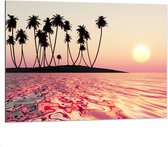 Dibond - Silhouet van Palmbomen op Onbewoond Eiland in de Oceaan bij Zonsondergang - 100x75 cm Foto op Aluminium (Wanddecoratie van metaal)