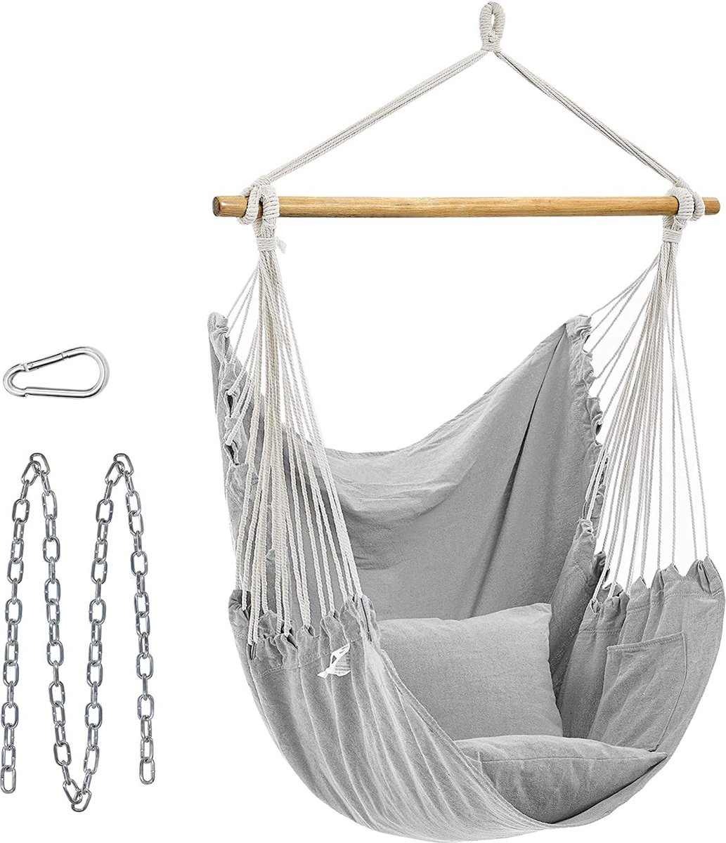 Hangstoel, hangschommel, hangstoel met 2 kussens, metalen ketting, tot 150 kg belastbaar, binnen en buiten, woonkamer, slaapkamer, grijs