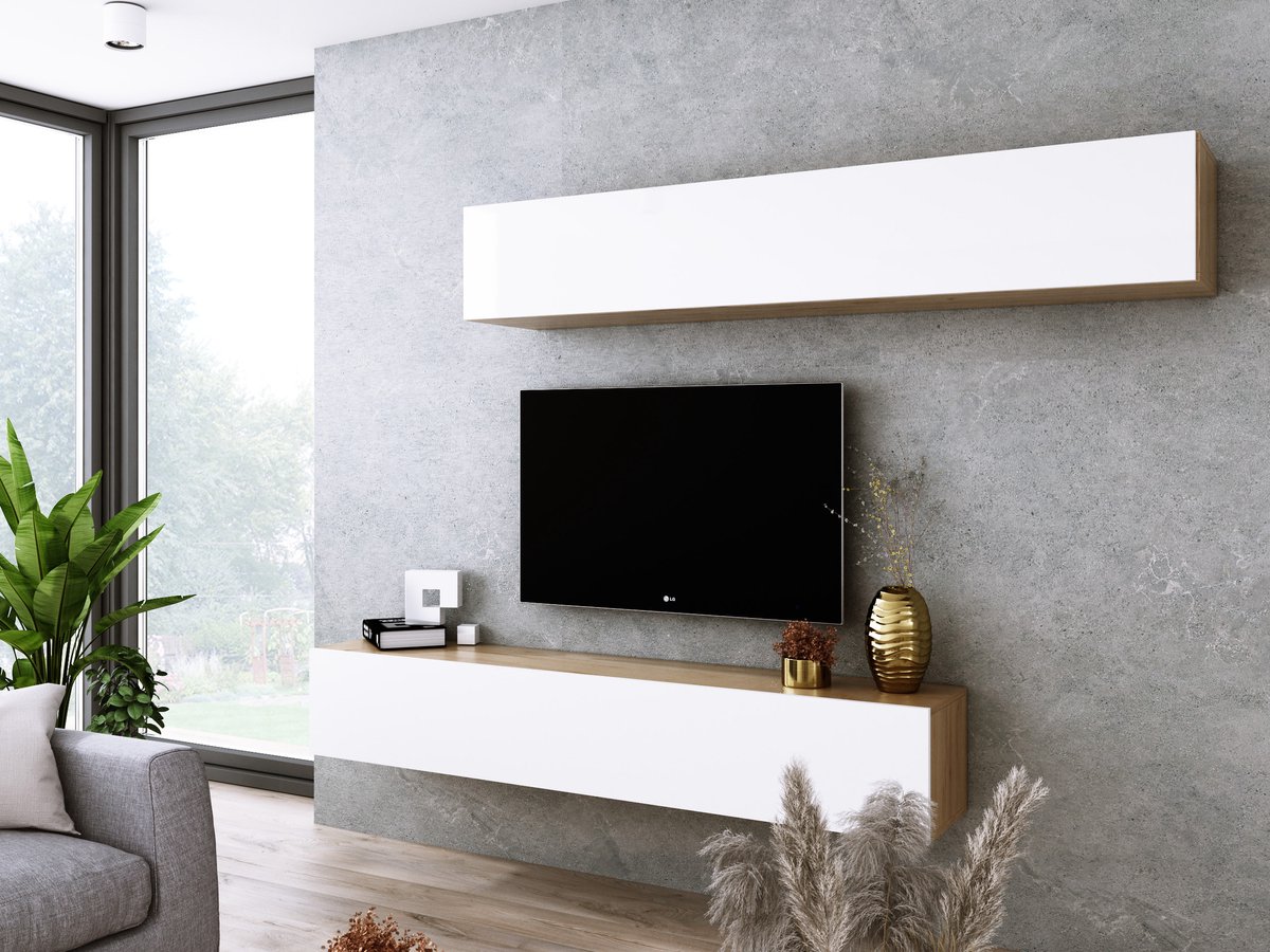 Meubel Square TV meubel VELA - Eiken / Hoogglans Wit - 180 cm - Wandmeubel - hangende kast