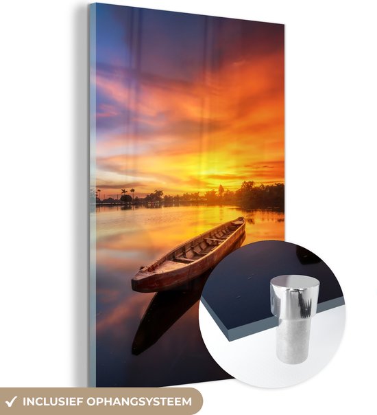 MuchoWow - Peinture sur verre - Décoration de chambre - Bateau - Coucher de soleil - Oranje - Water - 100x150 cm - Décoration murale - Photo sur verre - Peinture sur Glas - Verre acrylique