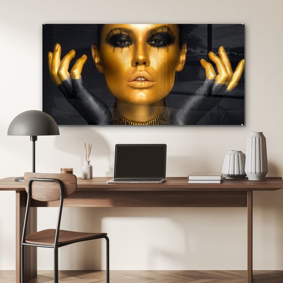 MuchoWow® Peinture sur Verre - Femme - Portrait - Or - Luxe - Zwart - 120x60 cm - Peintures sur Verre Acrylique - Photo sur Glas