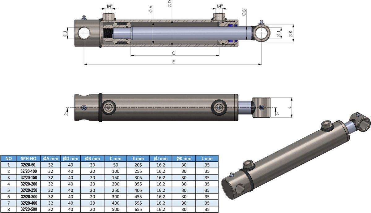 Vérin Hydraulique à Double Effet Standard (différentes variantes) -  Sparepartsholland