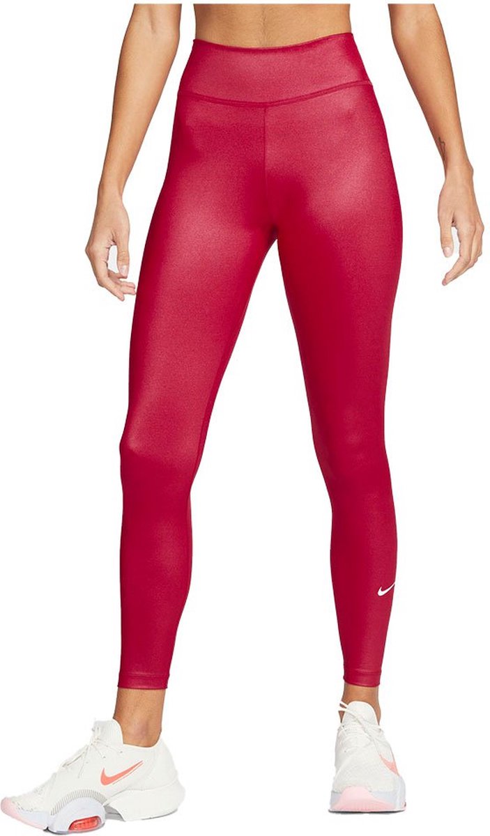 NIKE Dri Fit One Mid Rise Shine Legging Dames - Mystic Hibiscus / White - L