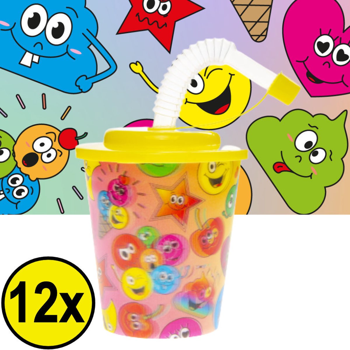 Goedkoopste 12 STUKS VROLIJKE SMILEY 3D Drink Beker met Rietje en Deksel - 250ML - Smilli Plastic Bekers - Kinderfeestje - Kinderverjaardag Bekertjes - Traktatie - Uitdeelcadeaus