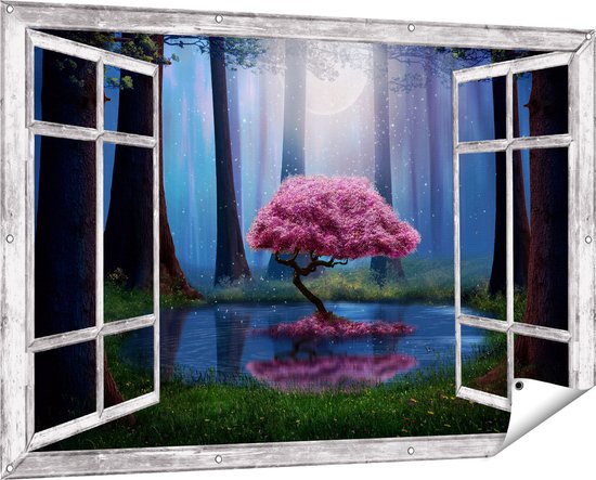 Gards Tuinposter Doorkijk Roze Boom op een Vijver in de Nacht - 150x100 cm - Tuindoek - Tuindecoratie - Wanddecoratie buiten - Tuinschilderij