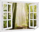 Gards Tuinposter Doorkijk Bos met Bomen en Zonneschijn - 180x120 cm - Tuindoek - Tuindecoratie - Wanddecoratie buiten - Tuinschilderij