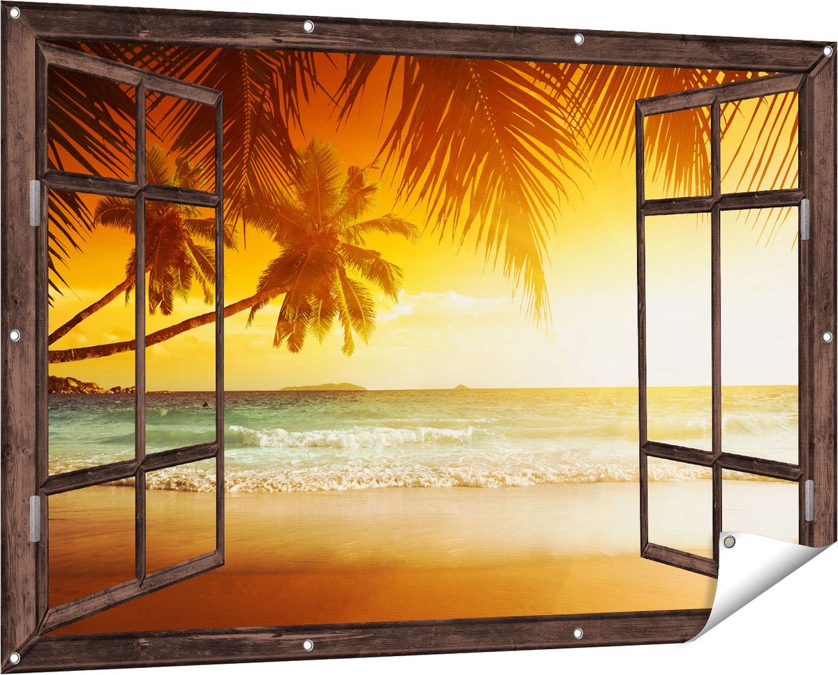 Gards Tuinposter Doorkijk Tropisch Strand tijdens Zonsondergang - 150x100 cm - Tuindoek - Tuindecoratie - Wanddecoratie buiten - Tuinschilderij donker bruin