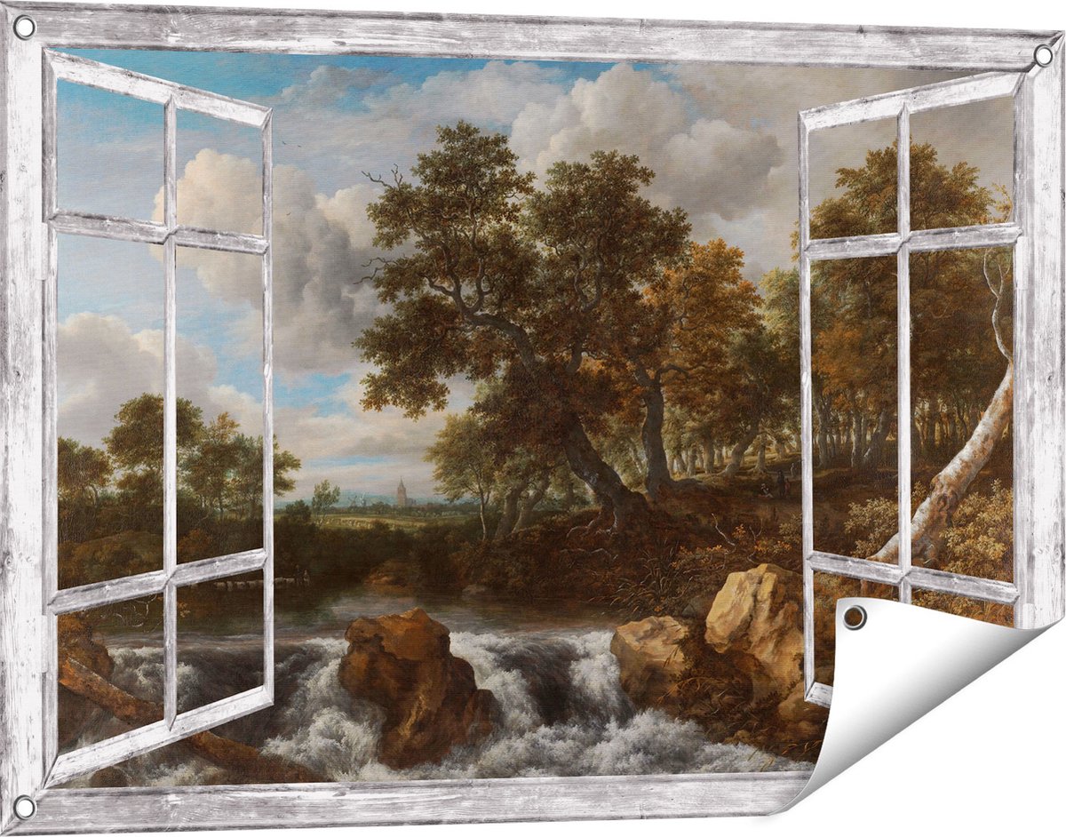 Gards Tuinposter Doorkijk Landschap met Waterval - Jacob van Ruisdael - 90x60 cm - Tuindoek - Tuindecoratie - Wanddecoratie buiten - Tuinschilderij Grijs