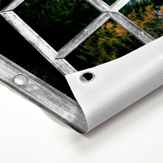 Gards Tuinposter Doorkijk Bos met Bomen bij Bergen Landschap - 90x60 cm - Tuindoek - Tuindecoratie - Wanddecoratie buiten - Tuinschilderij