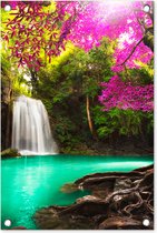 Tuinposter waterval - Bomen - Bladeren - Roze - Natuur - Tuinschilderij voor buiten - Tuindecoratie - Schutting decoratie - 40x60 cm - Tuin - Tuindoek - Schuttingdoek - Tuinposters